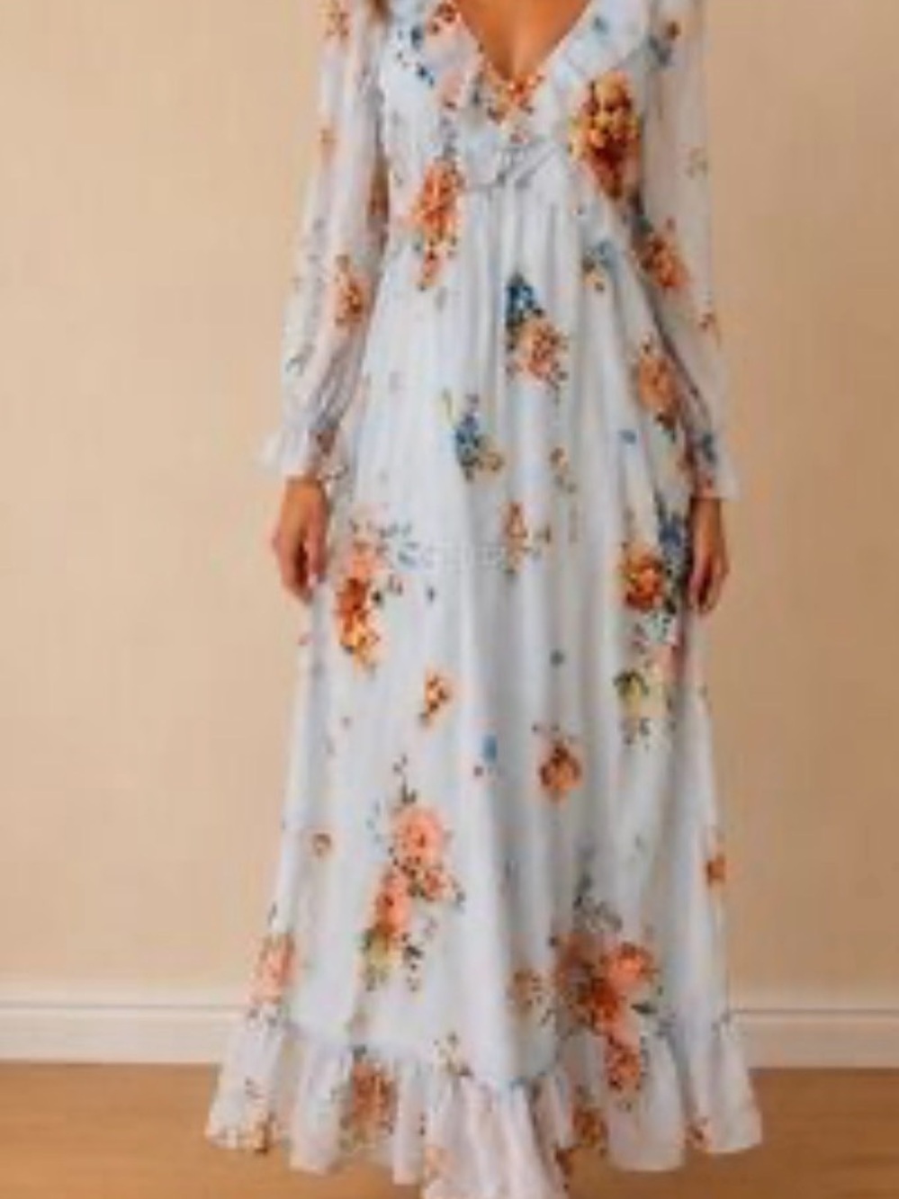 NWT Patrons of Peace Medium Light Blue Floral Ruffel Maxi Dress